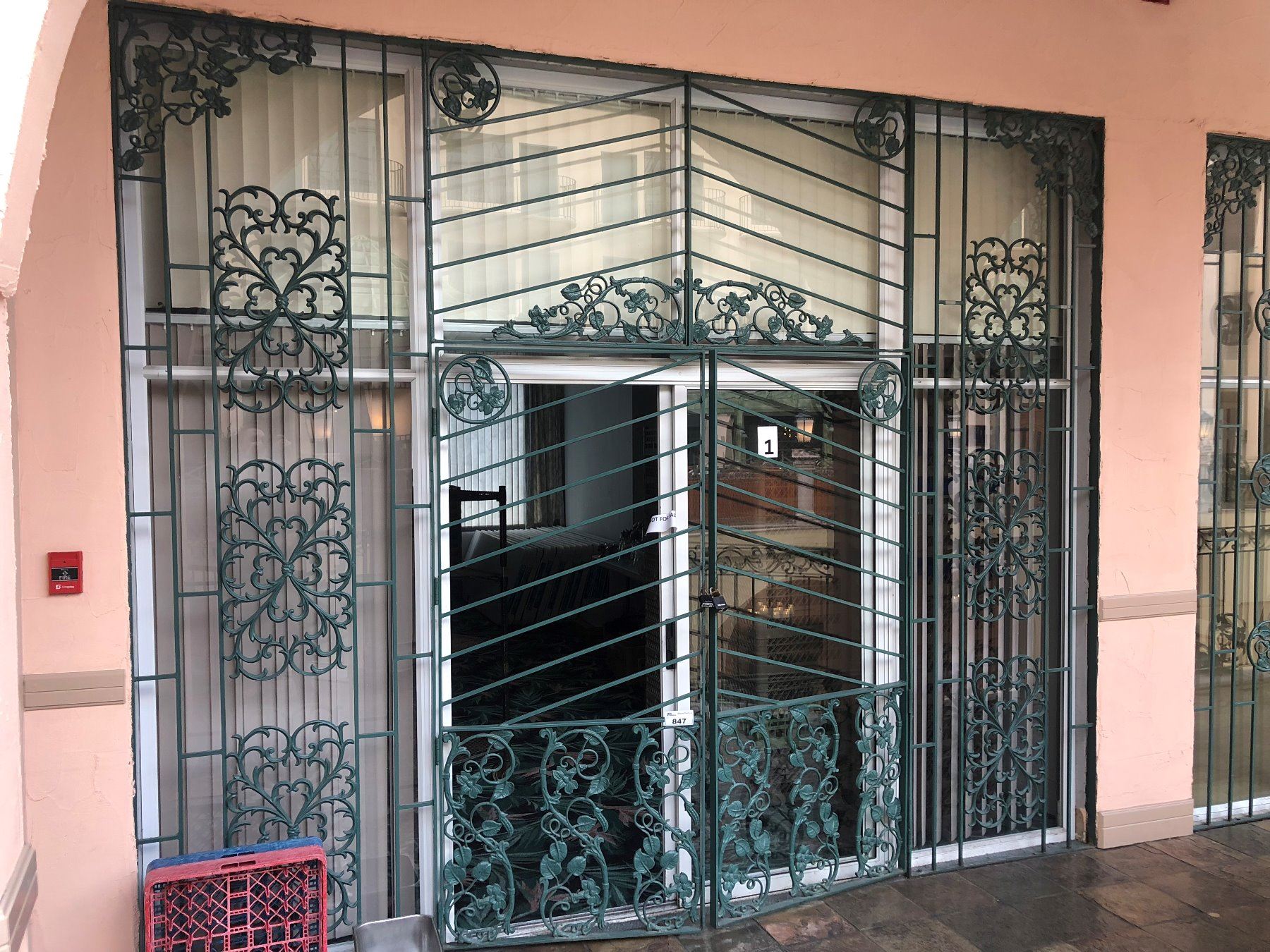 GREEN WROUGHT IRON STOREFRONT SECURITY GATES WITH FRAME