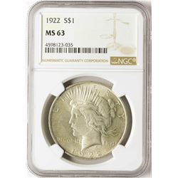 1922 $1 Peace Silver Dollar Coin NGC MS63