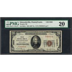 1929 $20 National Currency Note Edwardsville, PA CH# 9862 PMG Very Fine 20