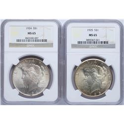 Lot of 1924-1925 $1 Peace Silver Dollar Coins NGC MS65