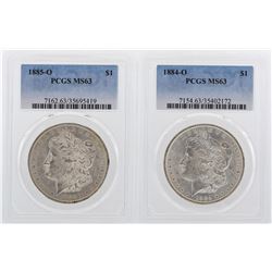 Lot of 1884-O & 1885-O $1 Morgan Silver Dollar Coins PCGS MS63
