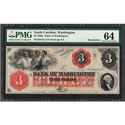 1860's $3 Bank of Washington North Carolina Obsolete Note PMG Choice Uncirculate