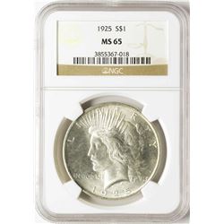 1925 $1 Peace Silver Dollar Coin NGC MS65