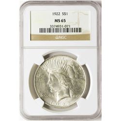 1922 $1 Peace Silver Dollar Coin NGC MS65