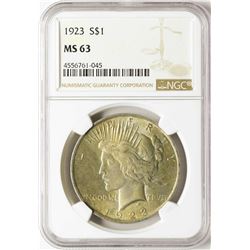 1923 $1 Peace Silver Dollar Coin NGC MS63