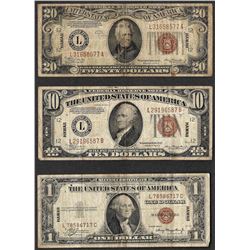 Lot of 1935A $1 & 1934A $10/$20 Silver Certificate WWII Emergency Hawaii Note