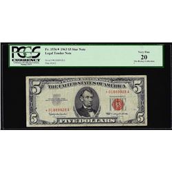 1963 $5 Legal Tender STAR Note Fr.1536* PCGS Very Fine 20