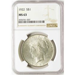 1922 $1 Peace Silver Dollar Coin NGC MS63
