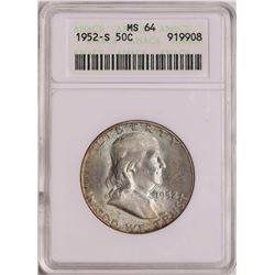 1952-S Franklin Half Dollar Coin ANACS MS64 Nice Toning