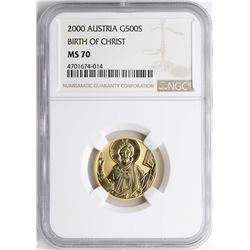 2000 Austria 500 Schillings Birth of Christ Gold Coin NGC MS70