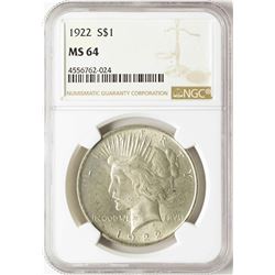 1922 $1 Peace Silver Dollar Coin NGC MS64