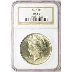 1924 $1 Peace Silver Dollar Coin NGC MS65
