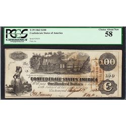 1862 $100 Confederate States of America Note T-39 PCGS Choice About New 58