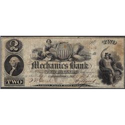 1800's $2 Mechanics Bank Georgetown D.C. Obsolete Note