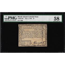 Jul 2, 1780 $1 Rhode Island Colonial Currency Note Fr. RI-282 PMG Choice About U