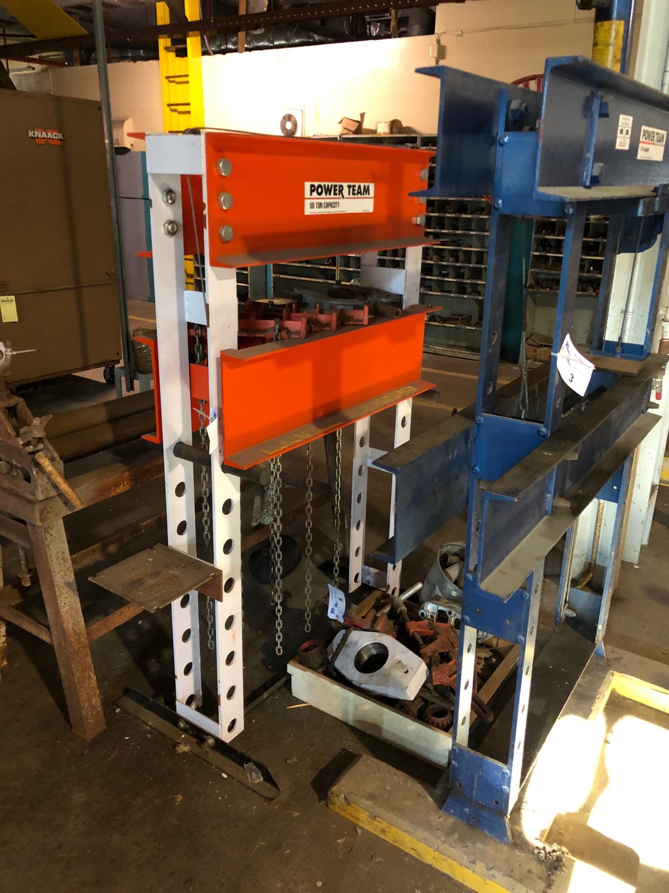 POWER TEAM 55 TON SHOP PRESS FRAME WITH ASSORTED TOOLING, NO HYDRAULIC ...