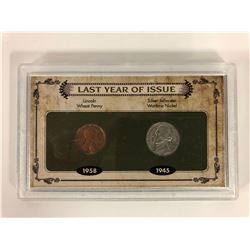 LAST YEAR OF ISSUE 1958 LINCOLN WHEAT PENNY/ 1945 SILVER JEFFERSON WARTIME NICKEL (THE USA MINT)