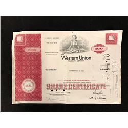 1968 THE WESTERN UNION 100 COMMON SHARES STOCK CERTIFICATE