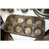 Image 4 : ANtIQUE BAKE WARE - THREE TIER CAKE PAN, 2 HEAVY PIE PLATES AND FANCY MUFFIN TIN