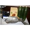 Image 1 : ANTIQUE HAND BLENDER, FLOUR SCOOP, COLLECTOR COOKIE JAR, THREE ANTIQUE JUICE BOTTLES AND POLAROID CA