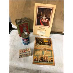 STP CAN, GULF WAX BOX, 2 CALENDARS, 1937, 1962, ETC