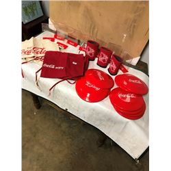 30 PCS COKE, PLASTIC PCS 7 APRONS, LOT OF 10 FRISBEES, 3 COZIES, 9 APRONS, 8 PCS