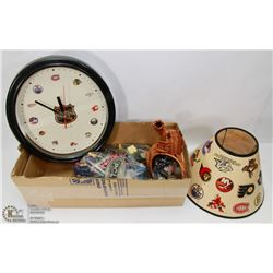 BOX WITH 1 NHL LAMP SHADE, NHL CLOCK, BELT BUCKLE