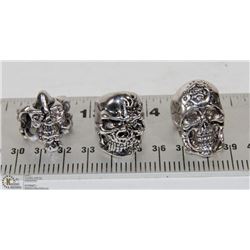 LOT OF 3 MENS SKULL BIKER RINGS