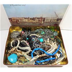 14)  VINTAGE TIN CONTAINING 24 NECKLACES