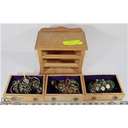 SMALL JEWELRY CABINET WITH CONTENTS 8" TALL