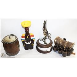 LOT OF BAR DECOR INCL PACKARD HOOD ORNAMENT/LIQUOR