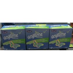 3 PACKAGES OF 40 ANYTIME TAMPONS.