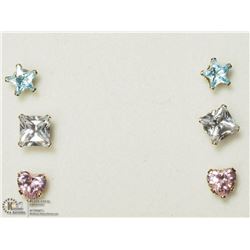 26) 9KT SET OF 3 CUBIC ZIRCONIA STUD EARRINGS