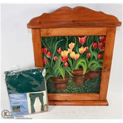 LARGE WOODEN KEYBOX, WITH NEW PANEL CURTAINS,