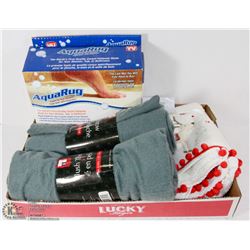 2 GREY LIGHT THROWS 50X60IN, 2 THEMED HAND TOWELS