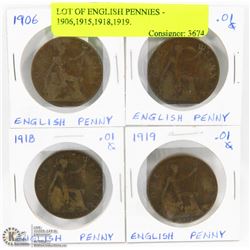 LOT OF ENGLISH PENNIES - 1906,1915,1918,1919.