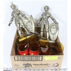 4 LEATHER WRAPPED GLASSES WITH 2 SOLDIER FIGURINES