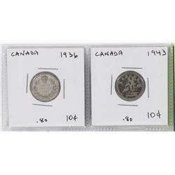CANADA SILVER TEN CENT COINS 1936  1943.