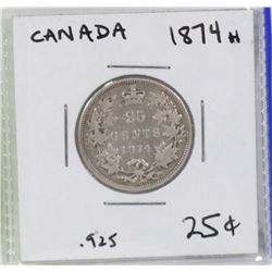 CANADA SILVER TWENTY FIVE CENT COIN 1874H.