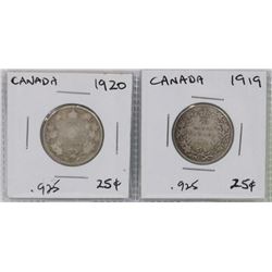 CANADA SILVER TWENTY FIVE CENT COINS 1919  1920.