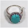 Image 2 : 16) ST. SILVER TURQUOISE & AMETHYST RING SIZE 9.5