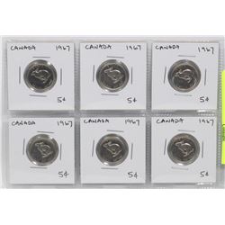 6 CANADA CENTENNIAL FIVE CENT COINS – 1967