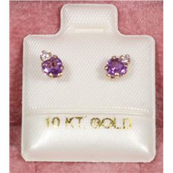 31) 10KT GOLD AMETHYST W/ CUBIC ZIRCONIA EARRINGS