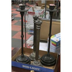 2 BRONZE AND 2 SILVER TALL CANDLE STICK SET
