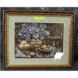 FRAMED 3D METALLIC PAINTED FLORAL & FRUIT CENTER