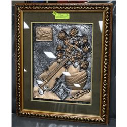 FRAMED 3D METALLIC PAINTED VIOLIN & FLOWER IN VASE