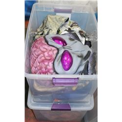 2 NEW TOTES FILLED WITH HALLOWEEN MASKS AND DECOR