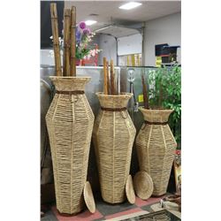 3 RUSTIC WICKER FLOOR VASES 63", 55" AND 48" TALL