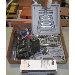 BOX OF TOOLS, SANDPAPER, STAPLERS & MORE.