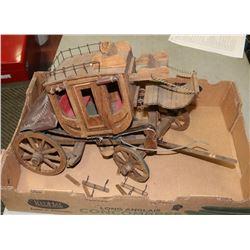 ANTIQUE WOOD AND LEATHER WAGON WITH ACCESSORIES